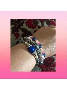 Set of 3 Beaded Stretch Bracelets with Blue, Pink, and Pearl